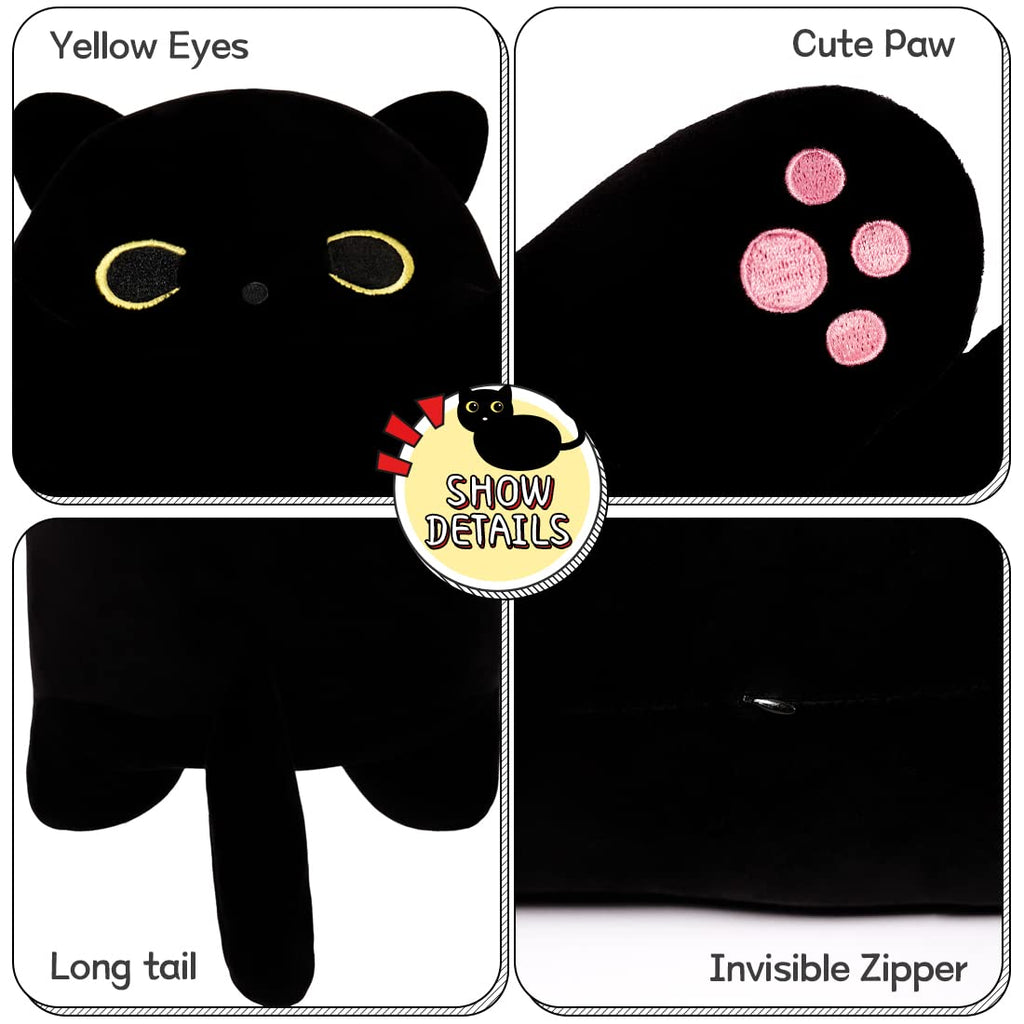 SNOWOLF Black Cat Plush Pillow - 50cm Soft Stuffed Cat Toy, Machine Washable Body Pillow