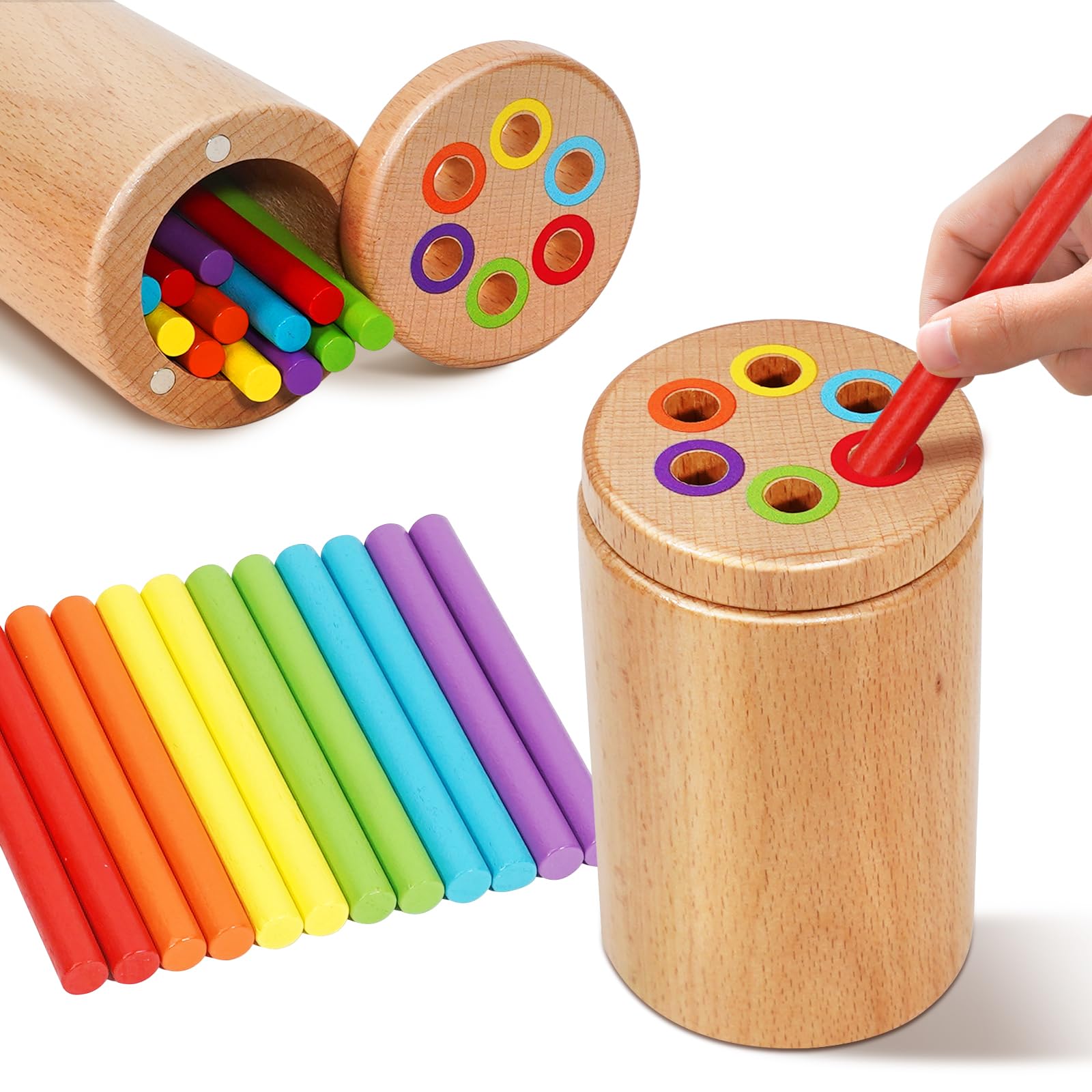 Soarly Montessori Color Sorting Toy for Toddlers 1-3 - Wooden Travel Toy with 12 Sticks & Magnetic Lid