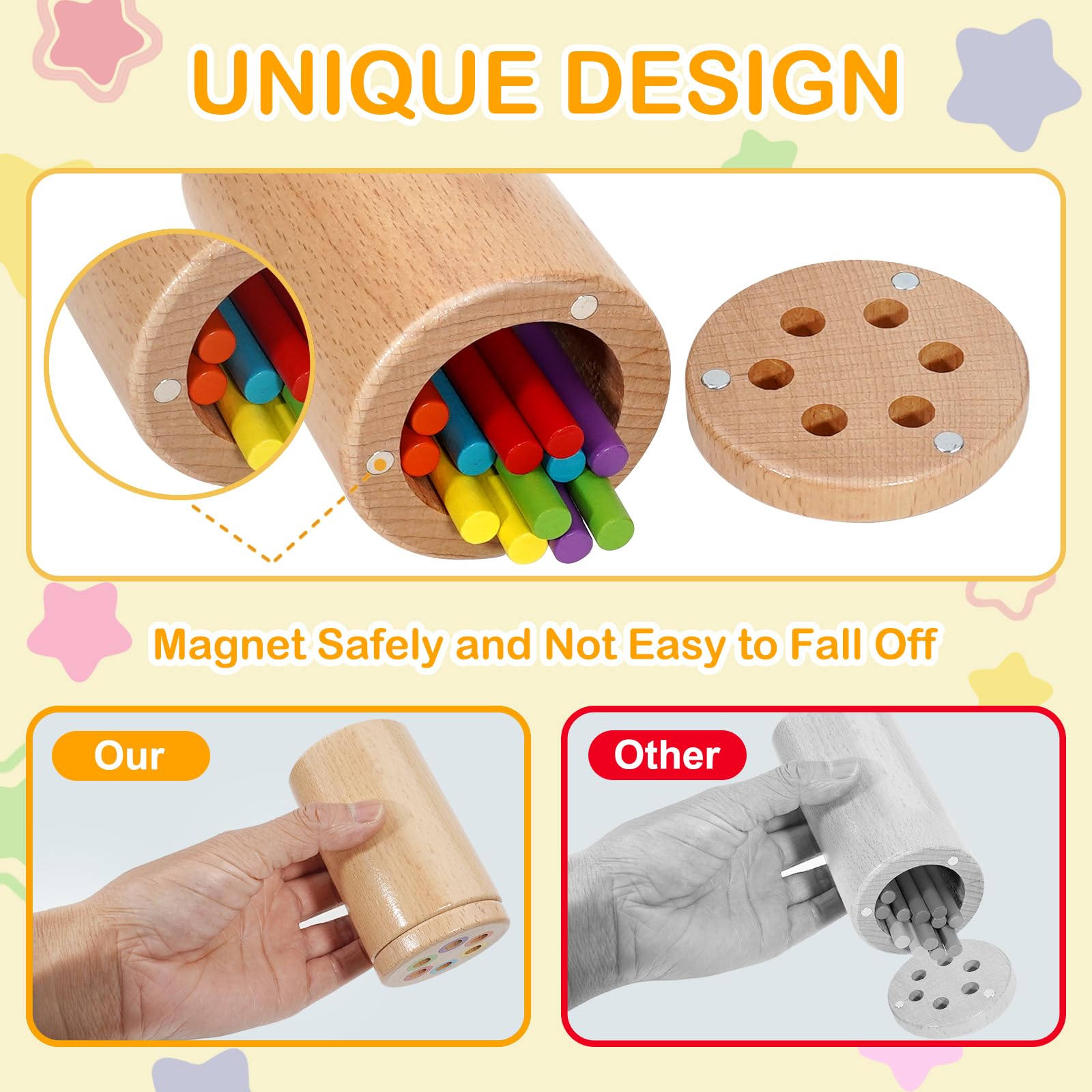 Soarly Montessori Color Sorting Toy for Toddlers 1-3 - Wooden Travel Toy with 12 Sticks & Magnetic Lid