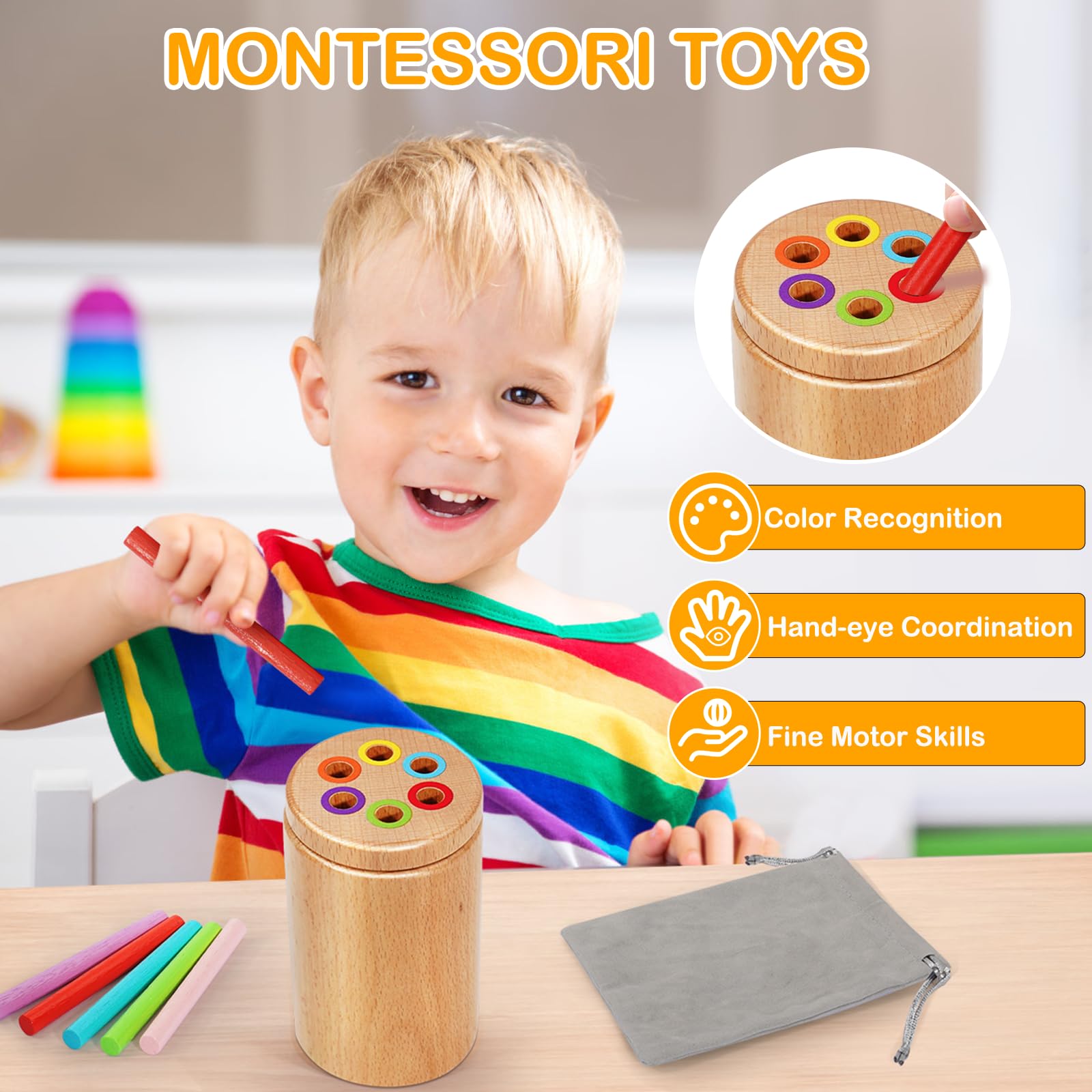 Soarly Montessori Color Sorting Toy for Toddlers 1-3 - Wooden Travel Toy with 12 Sticks & Magnetic Lid