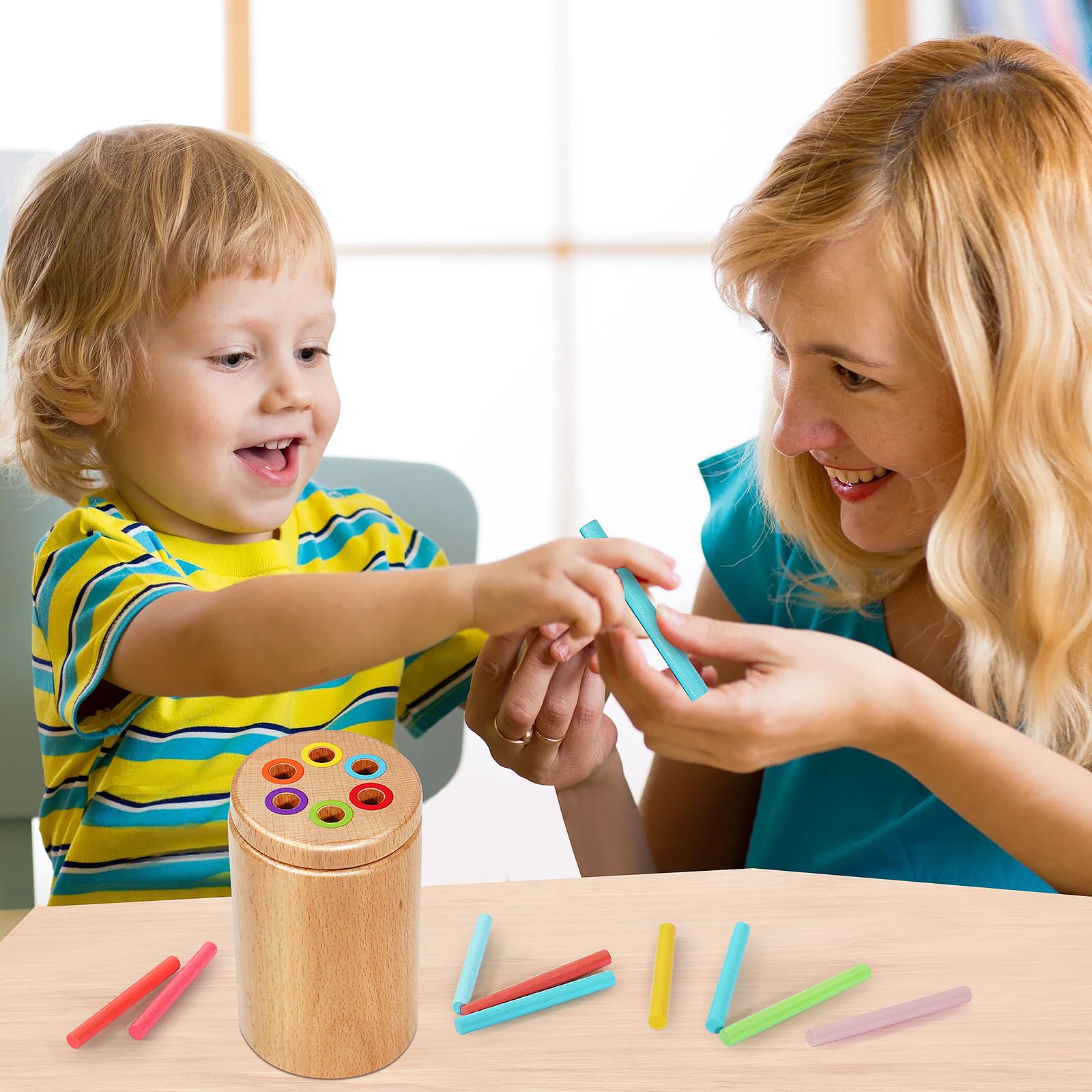 Soarly Montessori Color Sorting Toy for Toddlers 1-3 - Wooden Travel Toy with 12 Sticks & Magnetic Lid