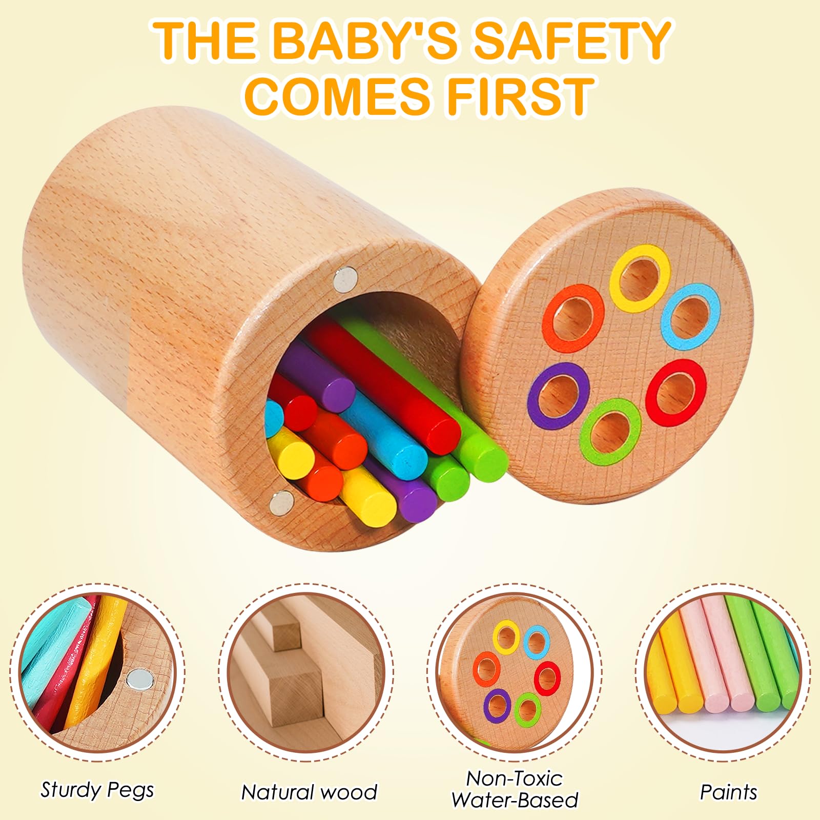 Soarly Montessori Color Sorting Toy for Toddlers 1-3 - Wooden Travel Toy with 12 Sticks & Magnetic Lid