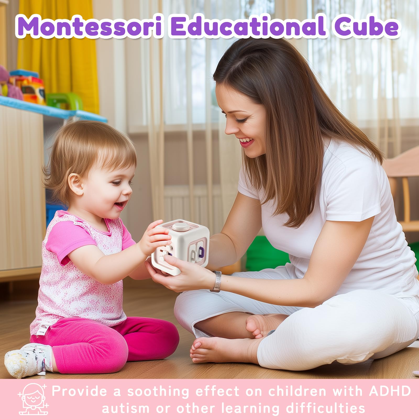 SOCBTNSO Busy Cube - Montessori Sensory Toy for 1 Year Old Girl, Travel-Friendly Learning Cube for Toddlers 1-3