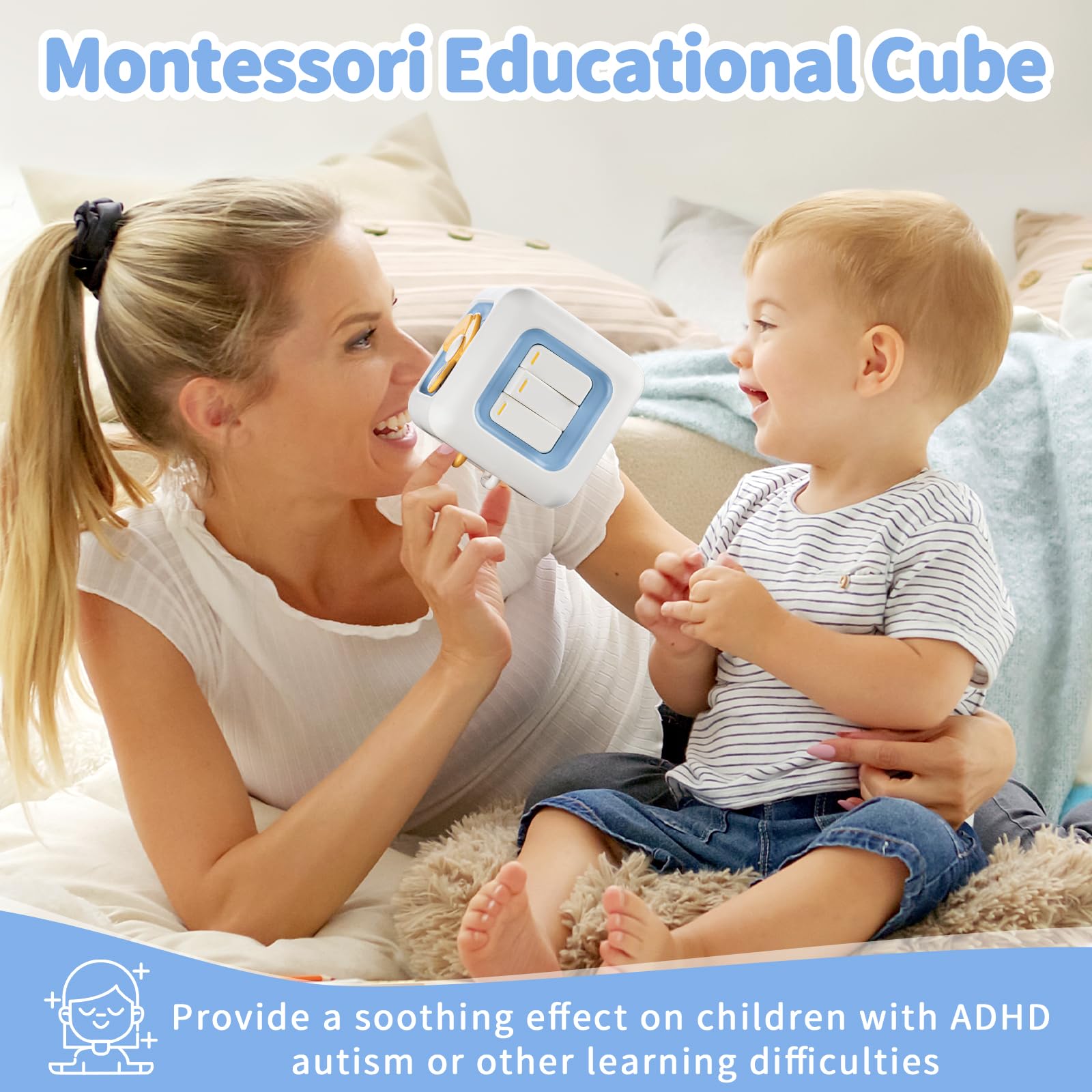 SOCBTNSO Busy Cube Toy – 6-in-1 Montessori Activity Cube for 1-Year-Olds, Travel-Friendly Fine Motor Skills Toy