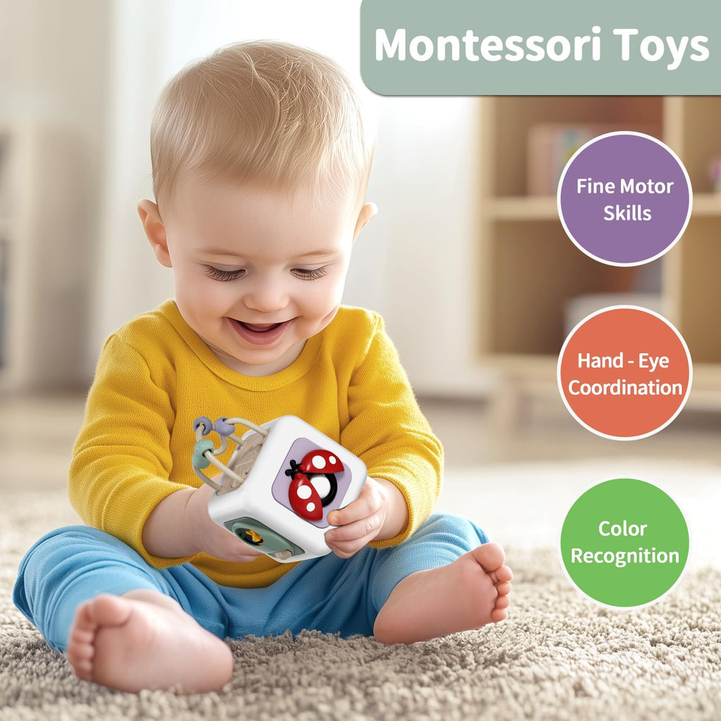 SOCBTNSO FunQuest Baby Busy Cube - 6-in-1 Montessori Travel Toy for Toddlers, Fine Motor Skills Development, Gift for Boys Girls 6 Months+