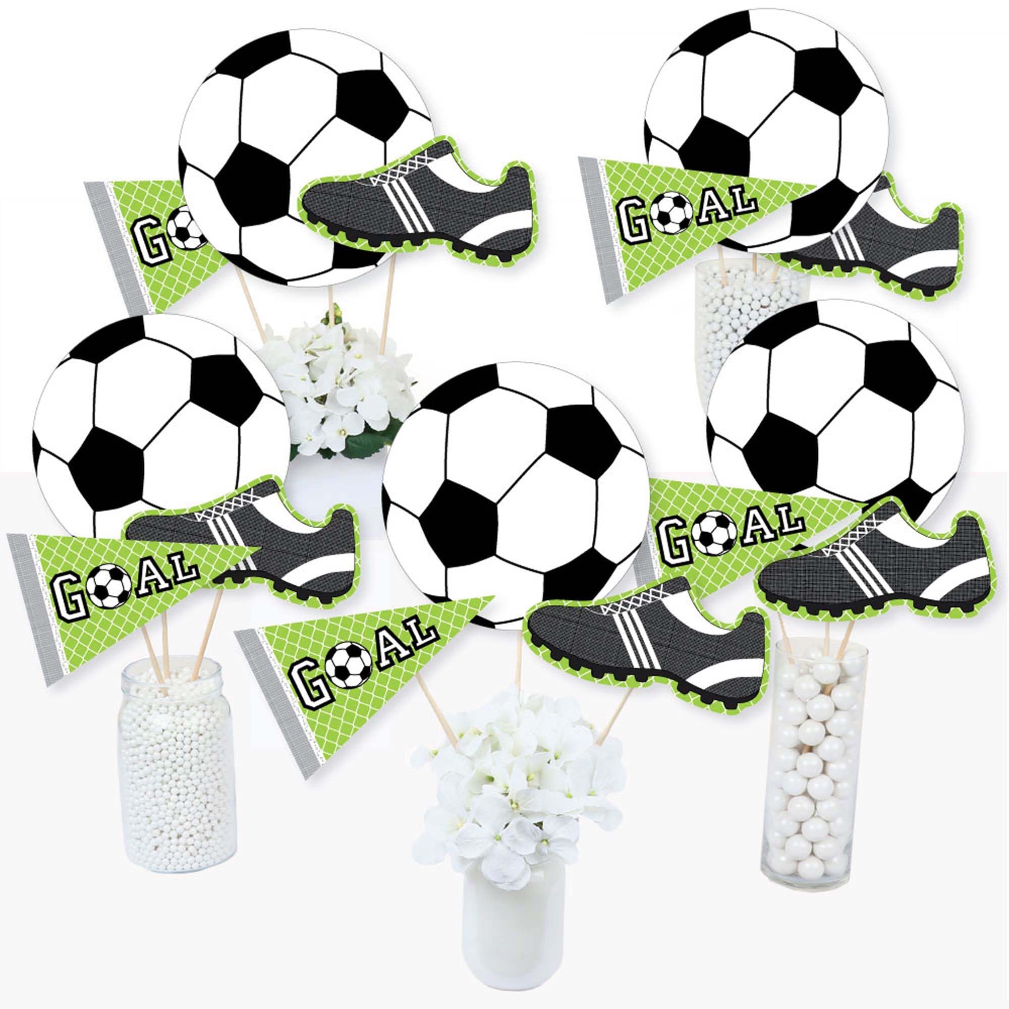 Soccer Party Centerpiece Decorations – 15-Piece Table Toppers Set with Balls, Cleats, and Banners
