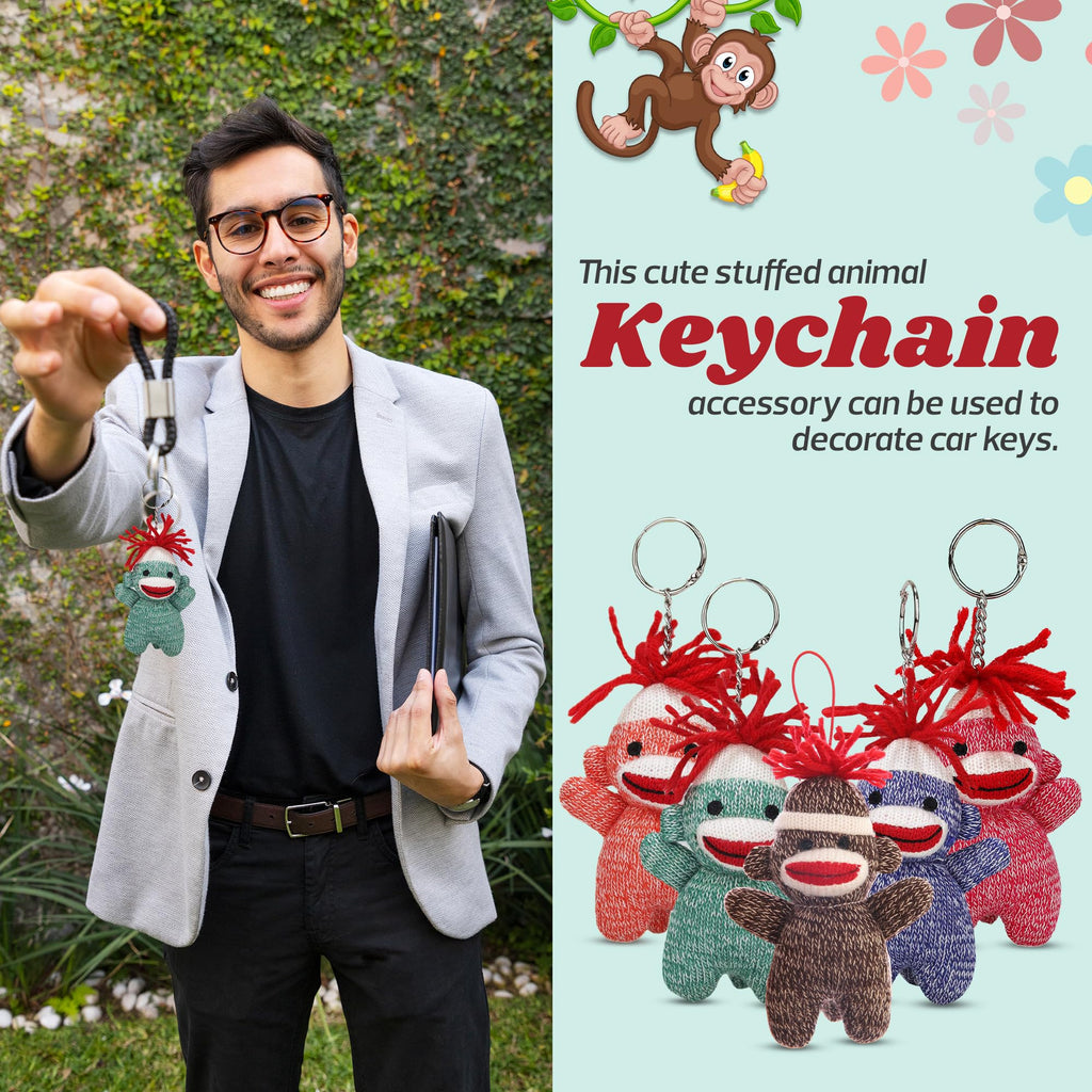 Sock Monkey Keychain 4-Inch Plush Toy - Cute Stuffed Animal Keychain Accessory