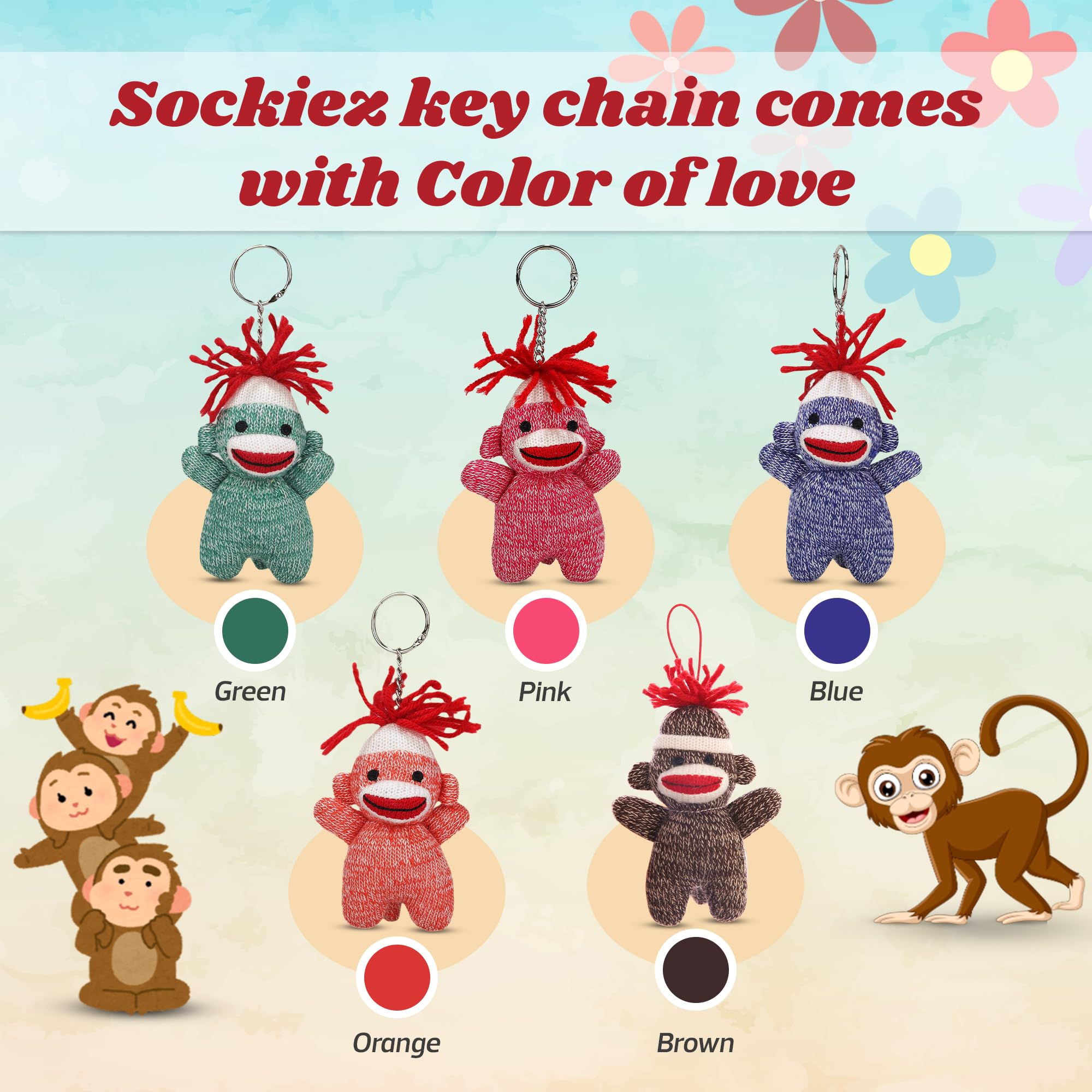 Sock Monkey Keychain 4-Inch Plush Toy - Cute Stuffed Animal Keychain Accessory