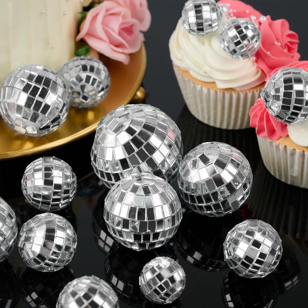 Soelomu 30-Pack Mini Disco Ball Cake Toppers – 4 Sizes (0.8 to 2 Inch) Silver Reflective Mirror Decor for 1970s Themed Parties