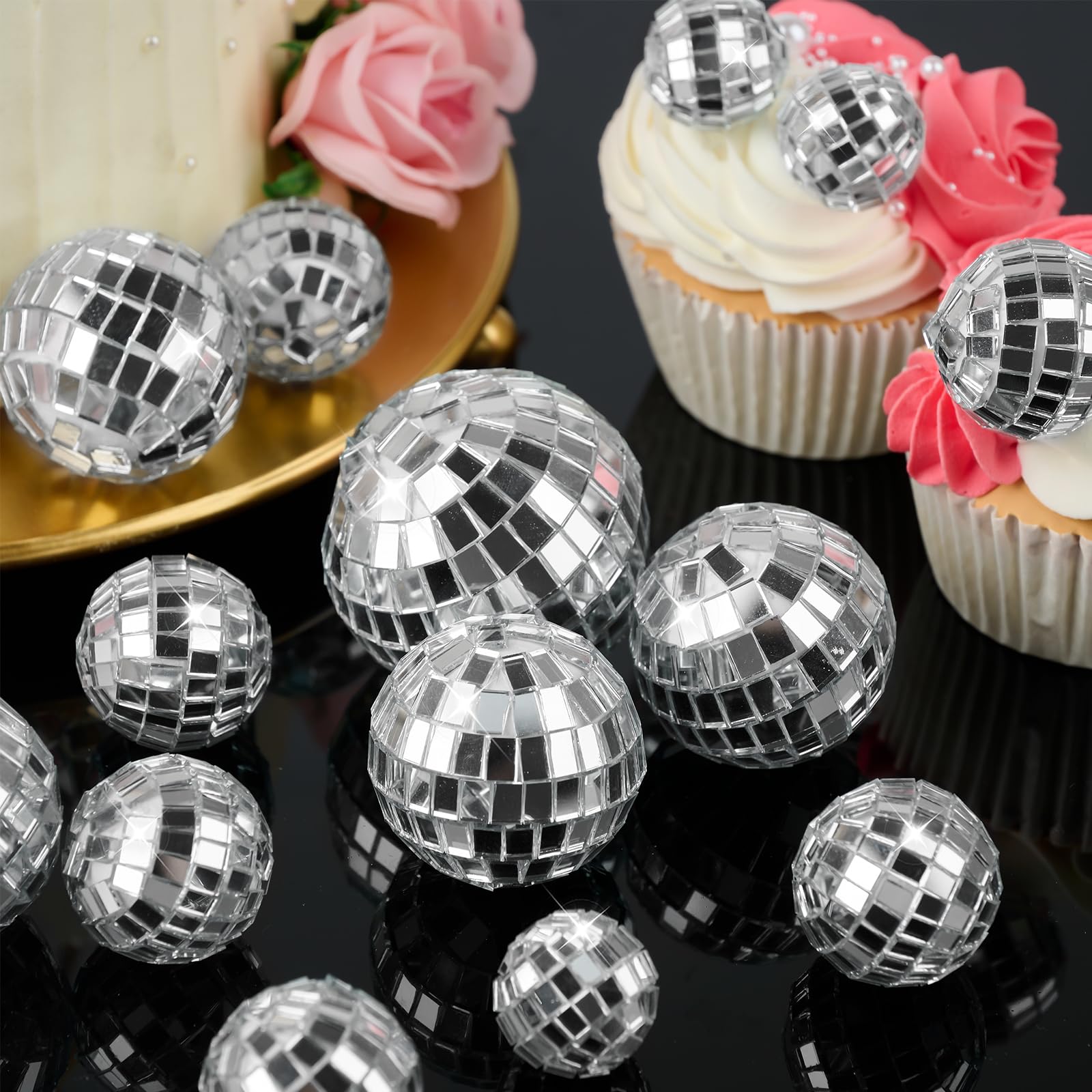 Soelomu 30-Pack Mini Disco Ball Cake Toppers – 4 Sizes (0.8 to 2 Inch) Silver Reflective Mirror Decor for 1970s Themed Parties