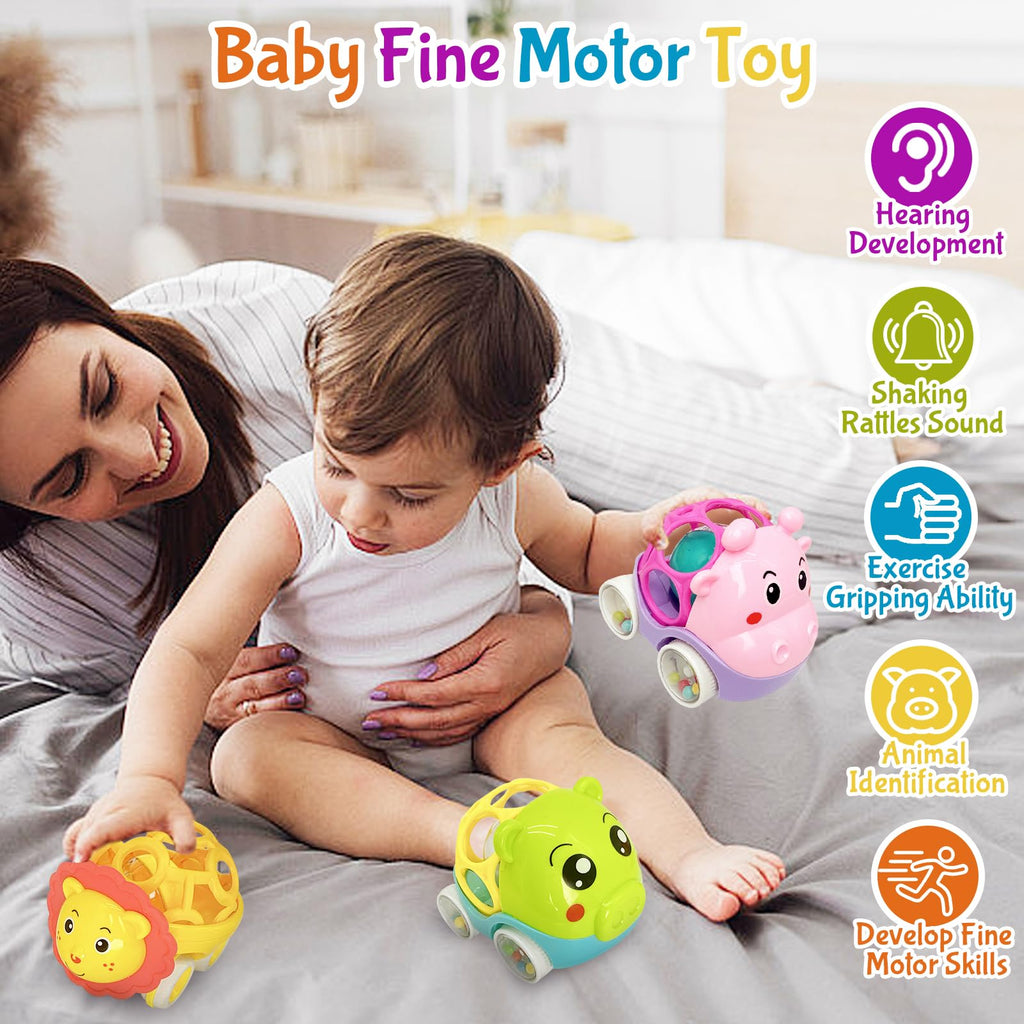 Soft Rubber Rattle Cars Set for Babies 0-3 Years – 3 Animal Designs, No Batteries Needed, Friction-Powered Sensory Toy for Fine Motor Skills