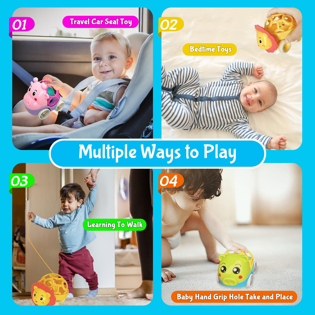 Soft Rubber Rattle Cars Set for Babies 0-3 Years – 3 Animal Designs, No Batteries Needed, Friction-Powered Sensory Toy for Fine Motor Skills