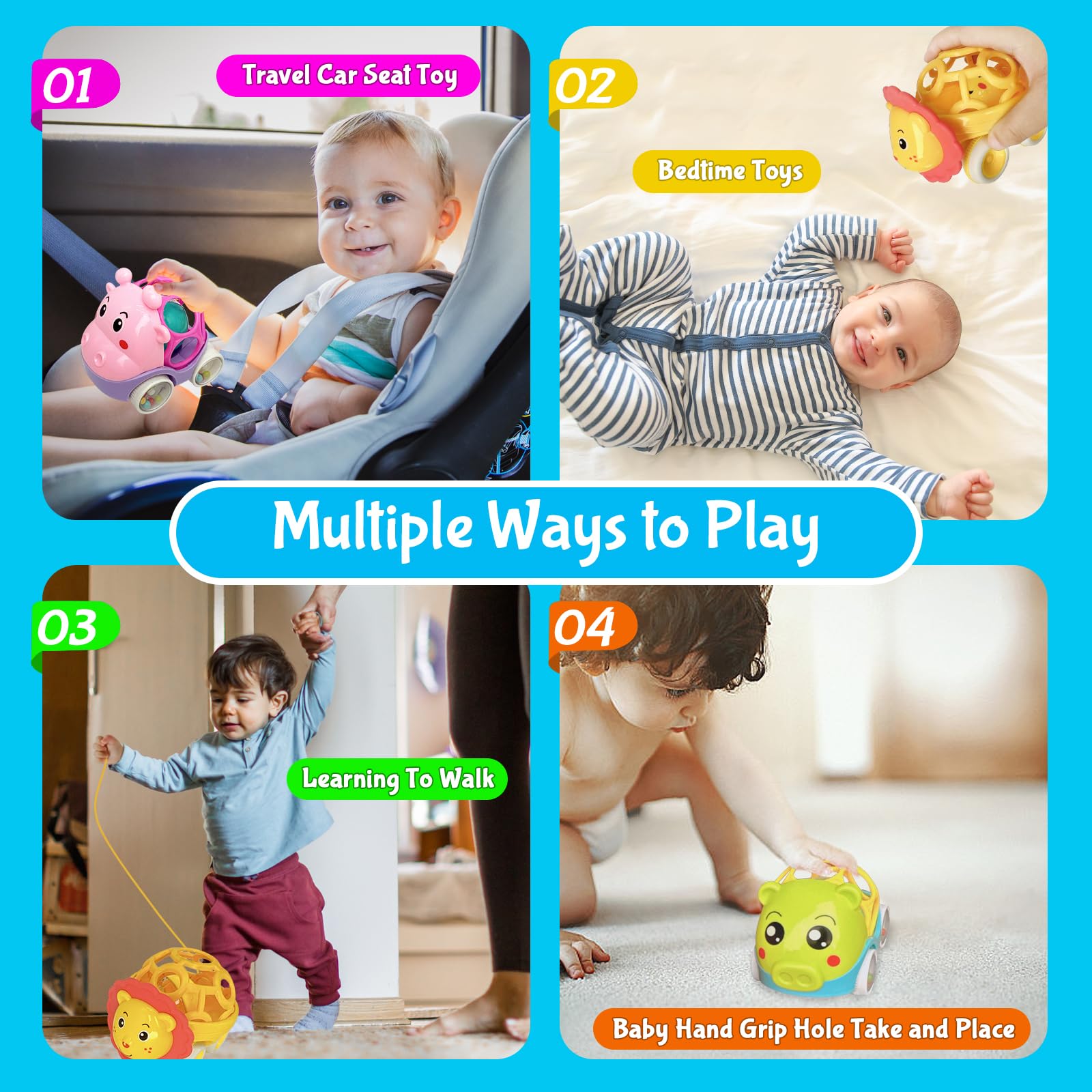 Soft Rubber Rattle Cars Set for Babies 0-3 Years – 3 Animal Designs, No Batteries Needed, Friction-Powered Sensory Toy for Fine Motor Skills