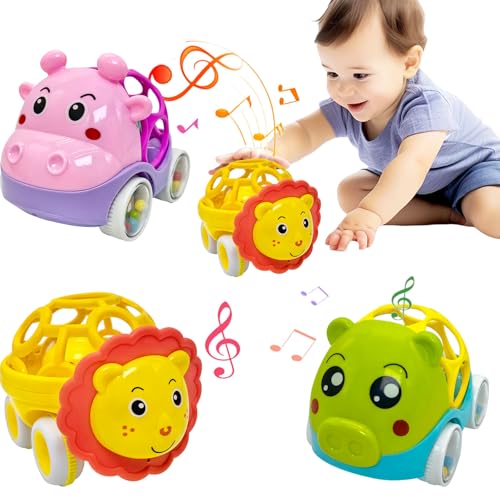 Soft Rubber Rattle Cars Set for Babies 0-3 Years – 3 Animal Designs, No Batteries Needed, Friction-Powered Sensory Toy for Fine Motor Skills
