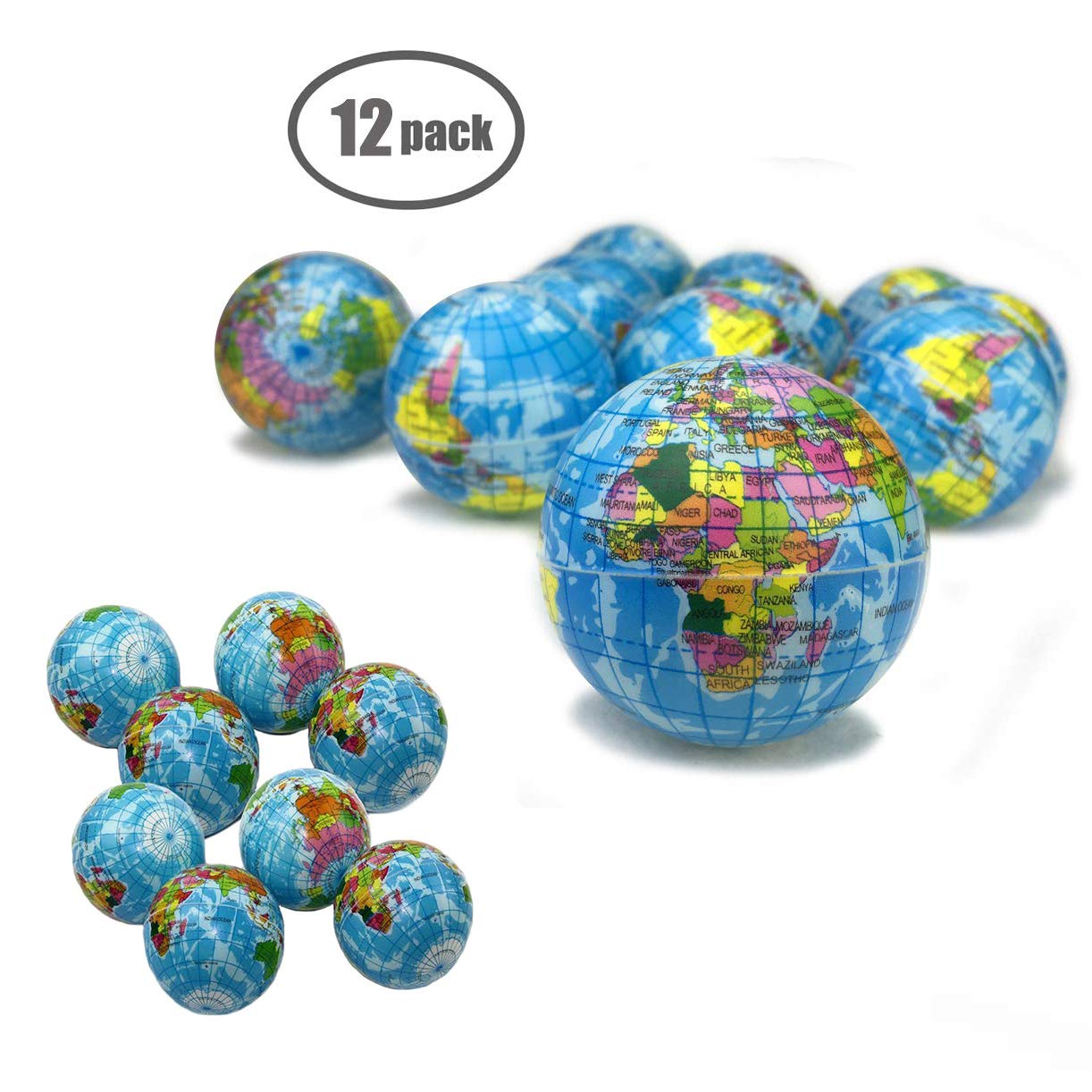 Sohapy 2.48-Inch Mini Squeezable Globe Stress Balls - 12 Pack Soft PU Earth Pattern Tension Relivers for Parties and Goody Bags