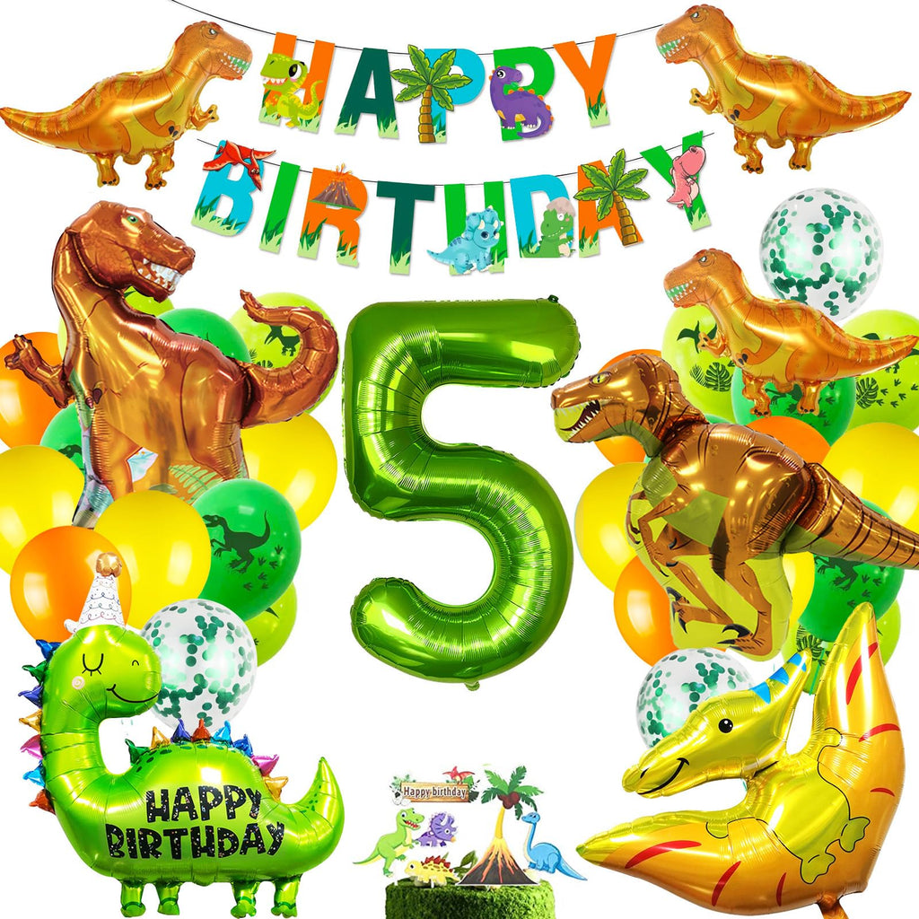 SOIAODRAH Dinosaur Birthday Party Decorations Set with Foil Balloons, Banner, and Cake Topper for Kids Age 5