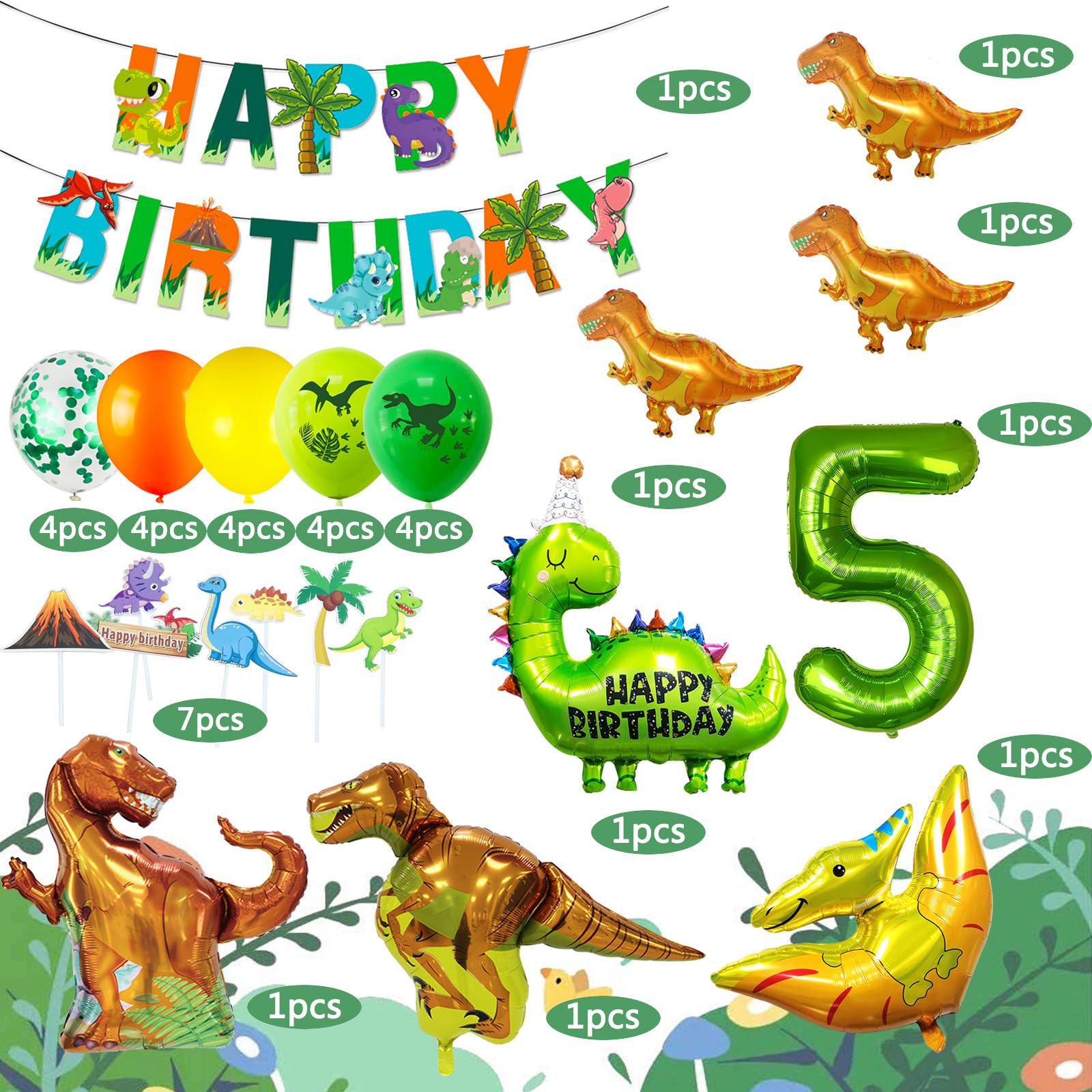 SOIAODRAH Dinosaur Birthday Party Decorations Set with Foil Balloons, Banner, and Cake Topper for Kids Age 5
