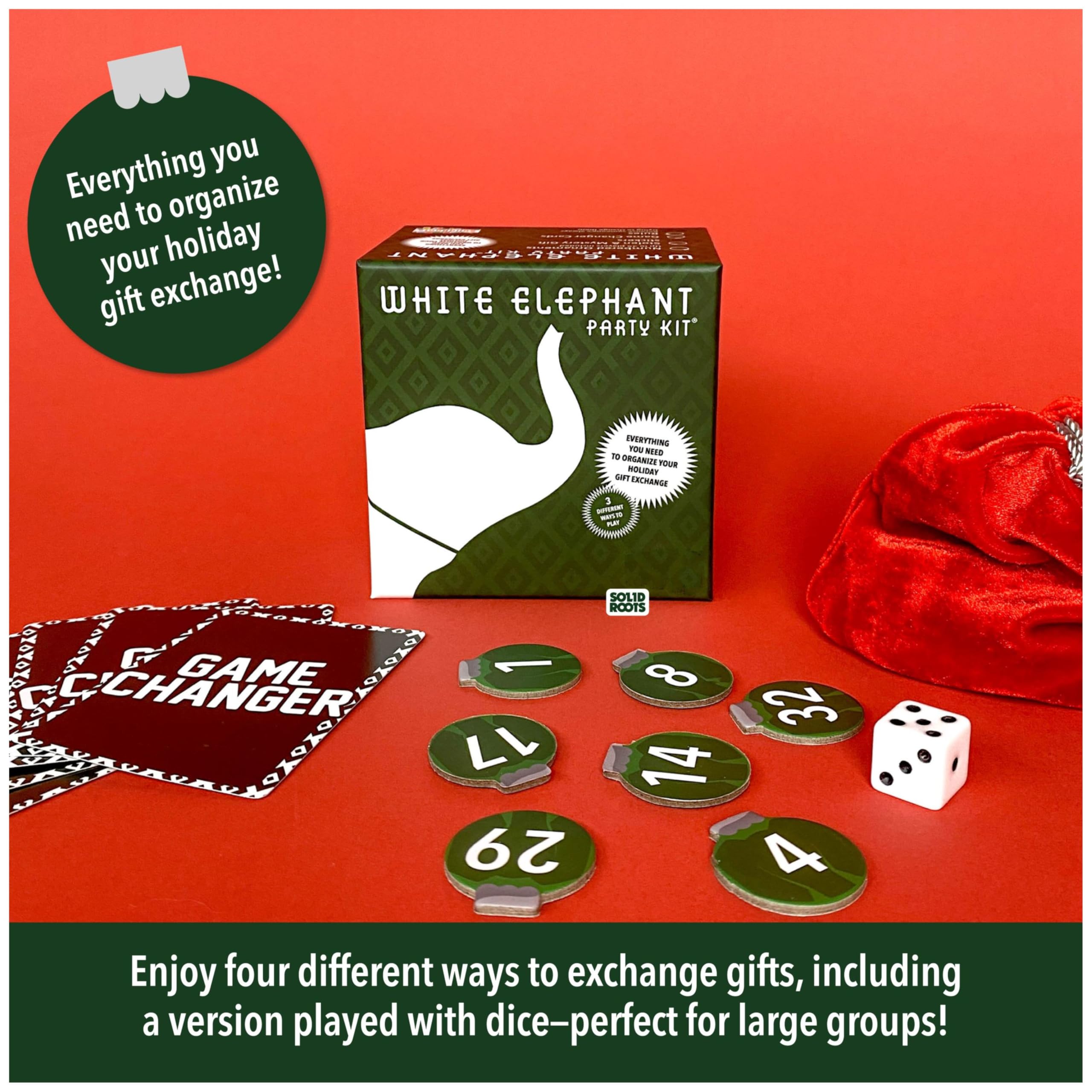 SolidRoots Mini White Elephant Gift Exchange Game - Party Kit with Power Cards & Stolen Stickers