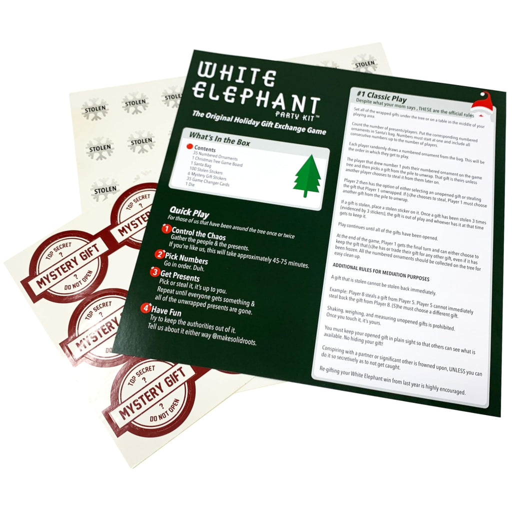 SolidRoots Mini White Elephant Gift Exchange Game - Party Kit with Power Cards & Stolen Stickers