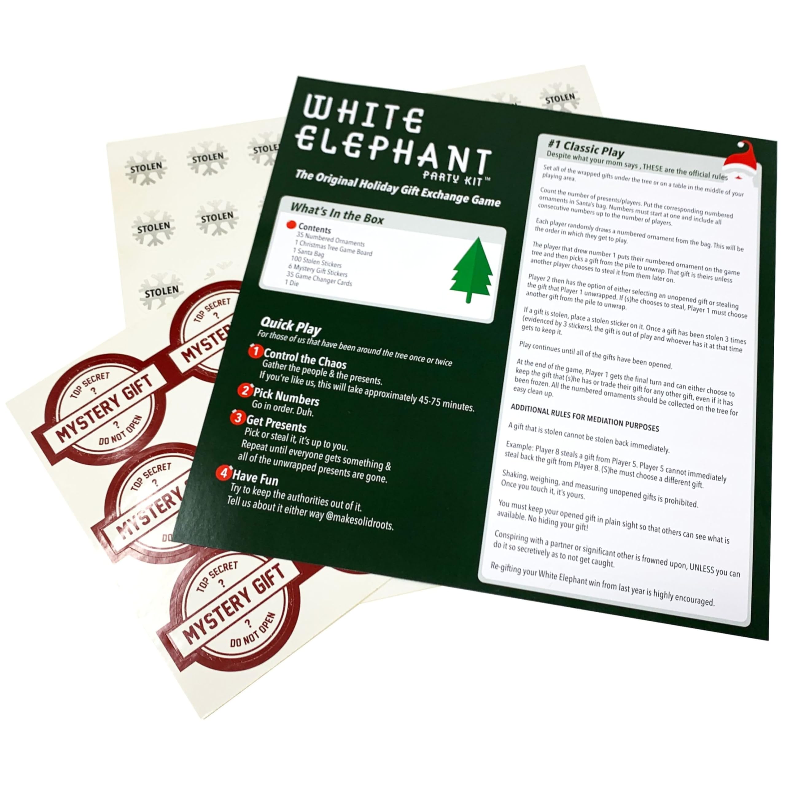 SolidRoots Mini White Elephant Gift Exchange Game - Party Kit with Power Cards & Stolen Stickers