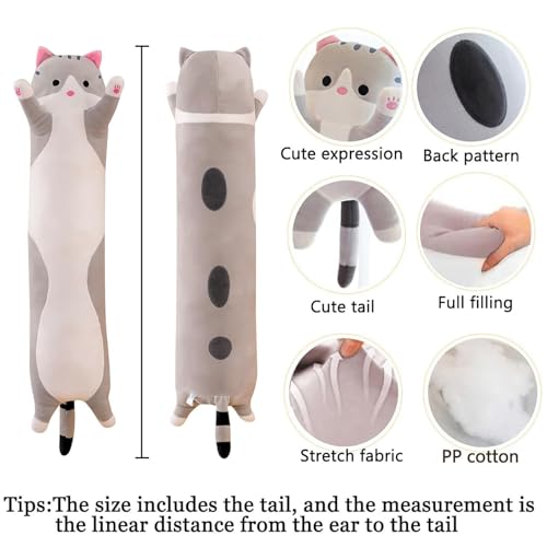 Somao Gray Long Cat Plush Pillow – 50cm Soft Hugging Stuffed Animal for Sleeping or Lumbar Support
