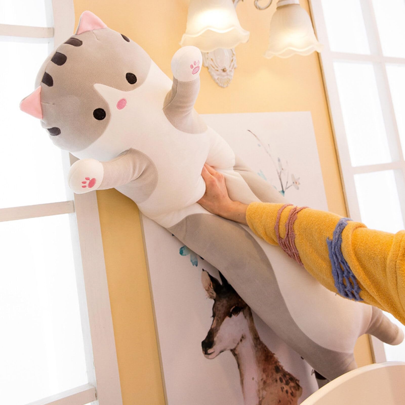 Somao Gray Long Cat Plush Pillow – 50cm Soft Hugging Stuffed Animal for Sleeping or Lumbar Support