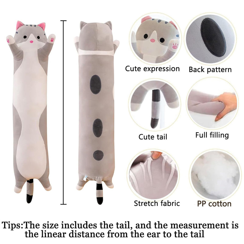 Somao Gray Long Cat Plush Pillow – 50cm Soft Hugging Stuffed Animal for Sleeping or Lumbar Support
