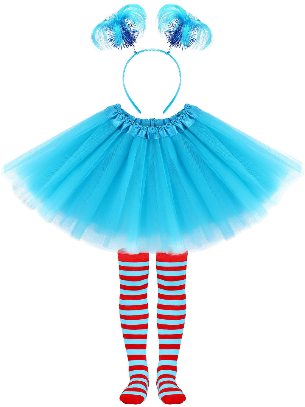 SOMSOC 3-Piece Blue Tulle Tutu Costume Set with Feathers Headband and Striped Knee Socks for Halloween Cosplay