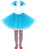 SOMSOC 3-Piece Blue Tulle Tutu Costume Set with Feathers Headband and Striped Knee Socks for Halloween Cosplay