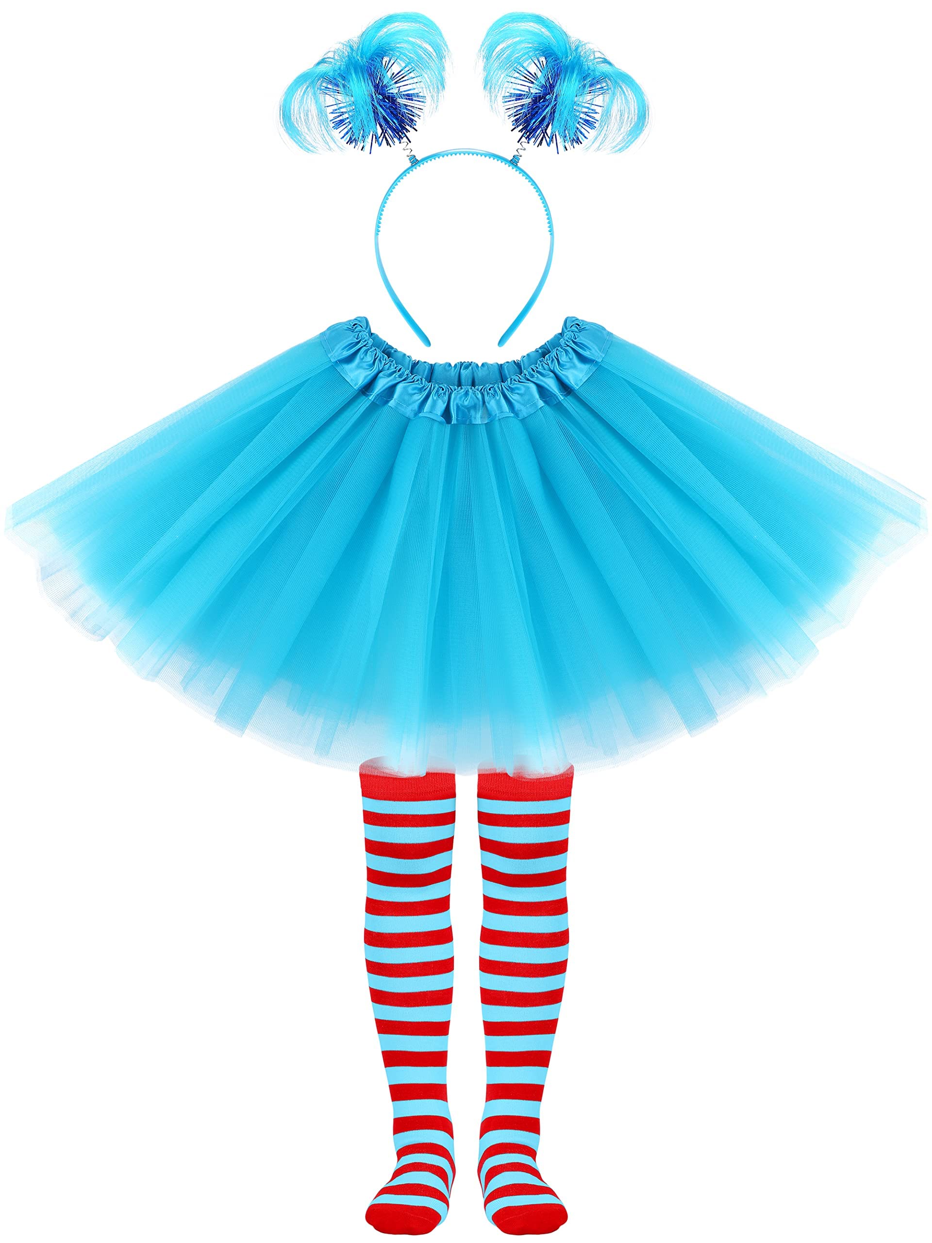 SOMSOC 3-Piece Blue Tulle Tutu Costume Set with Feathers Headband and Striped Knee Socks for Halloween Cosplay