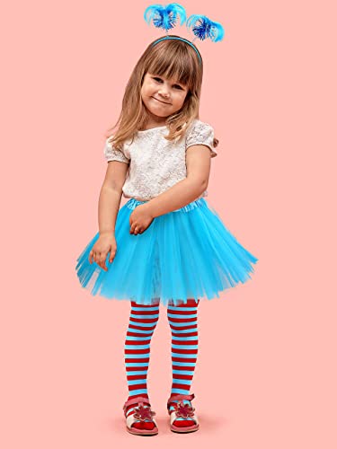 SOMSOC 3-Piece Blue Tulle Tutu Costume Set with Feathers Headband and Striped Knee Socks for Halloween Cosplay