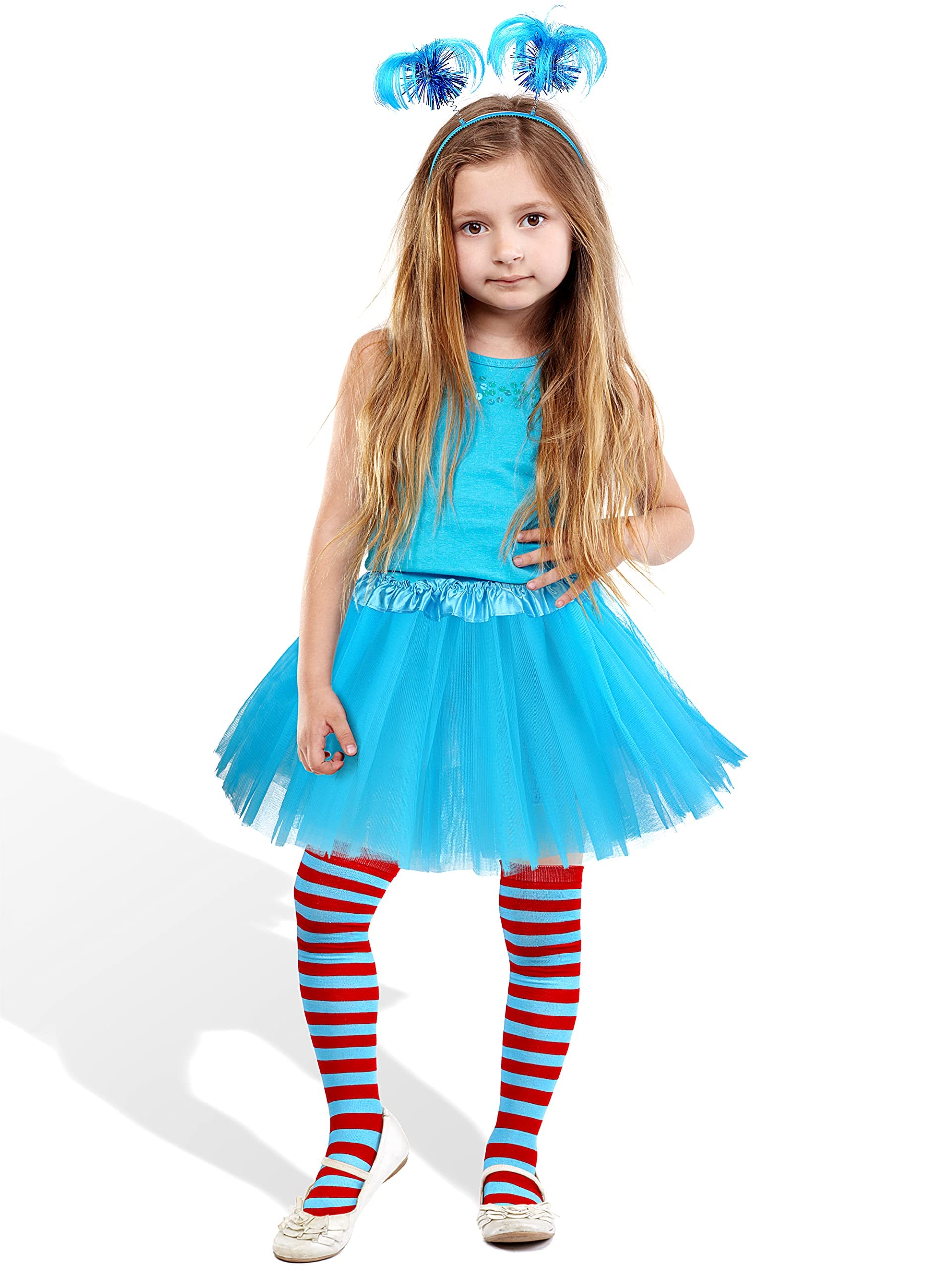 SOMSOC 3-Piece Blue Tulle Tutu Costume Set with Feathers Headband and Striped Knee Socks for Halloween Cosplay