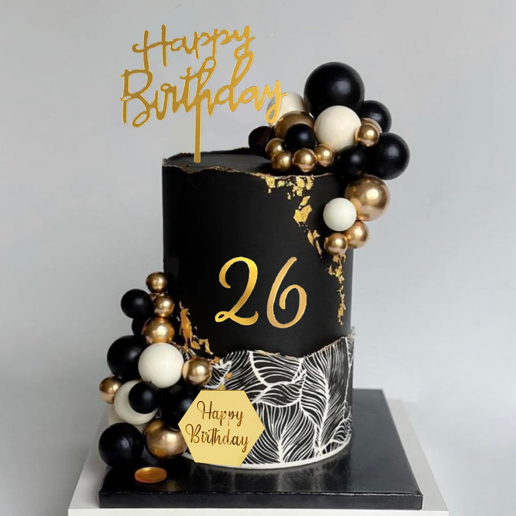 SONICEBUY 48-Piece Ball Cake Toppers Set - Black Gold White Foam Balls with Acrylic Numbers 0-9 and Happy Birthday Insert for Men's Birthday, Wedding, Anniversary