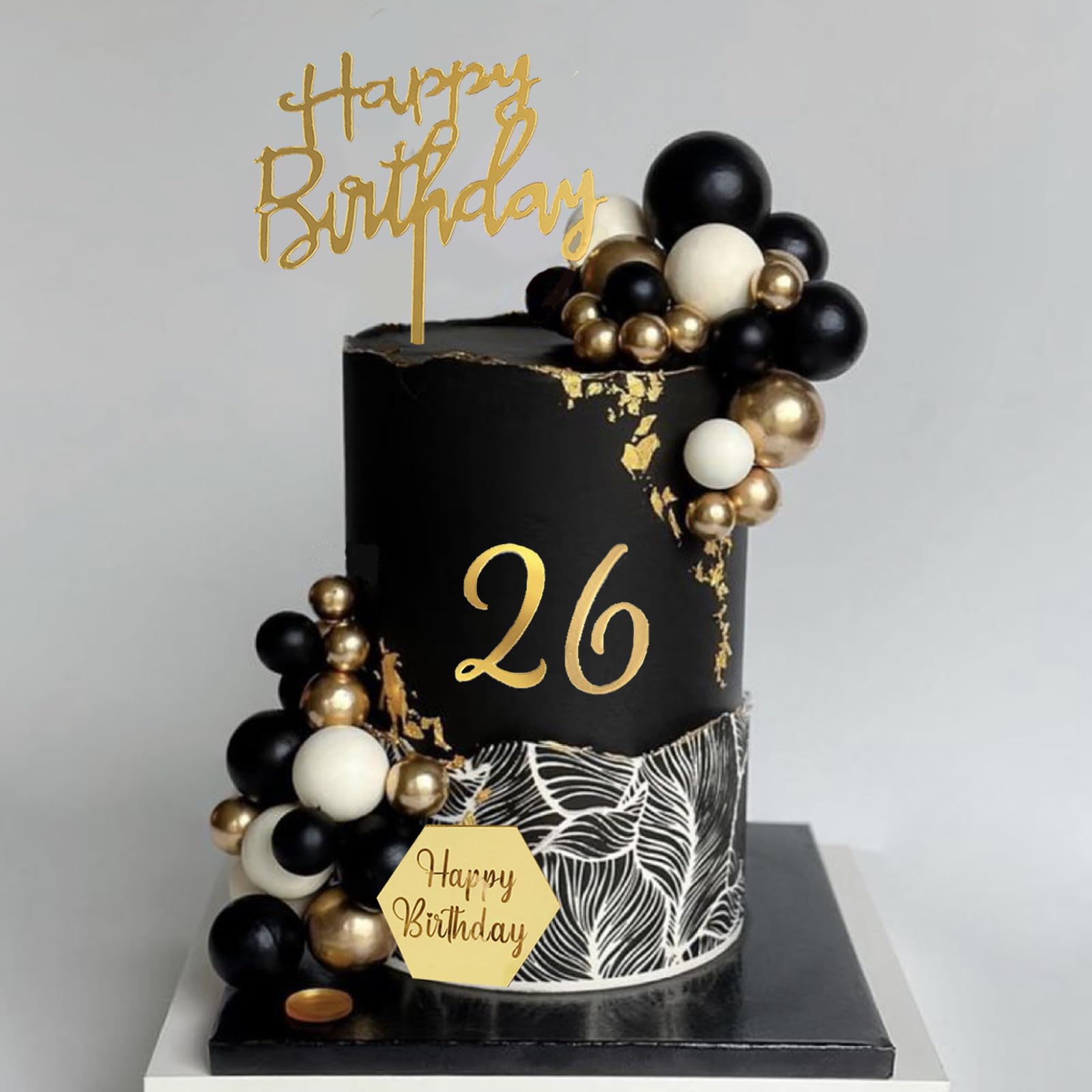 SONICEBUY 48-Piece Ball Cake Toppers Set - Black Gold White Foam Balls with Acrylic Numbers 0-9 and Happy Birthday Insert for Men's Birthday, Wedding, Anniversary