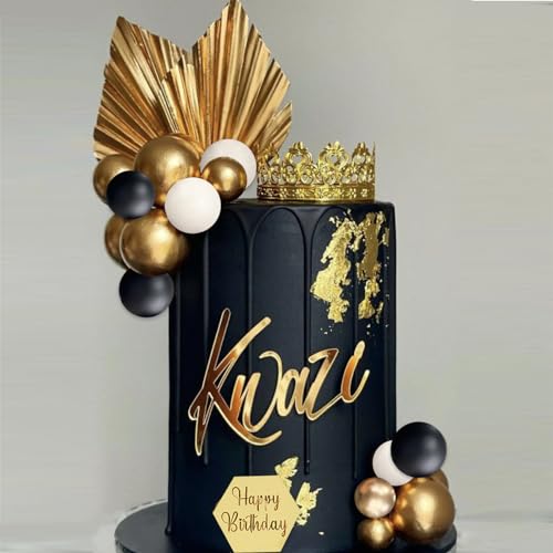 SONICEBUY 48-Piece Ball Cake Toppers Set - Black Gold White Foam Balls with Acrylic Numbers 0-9 and Happy Birthday Insert for Men's Birthday, Wedding, Anniversary