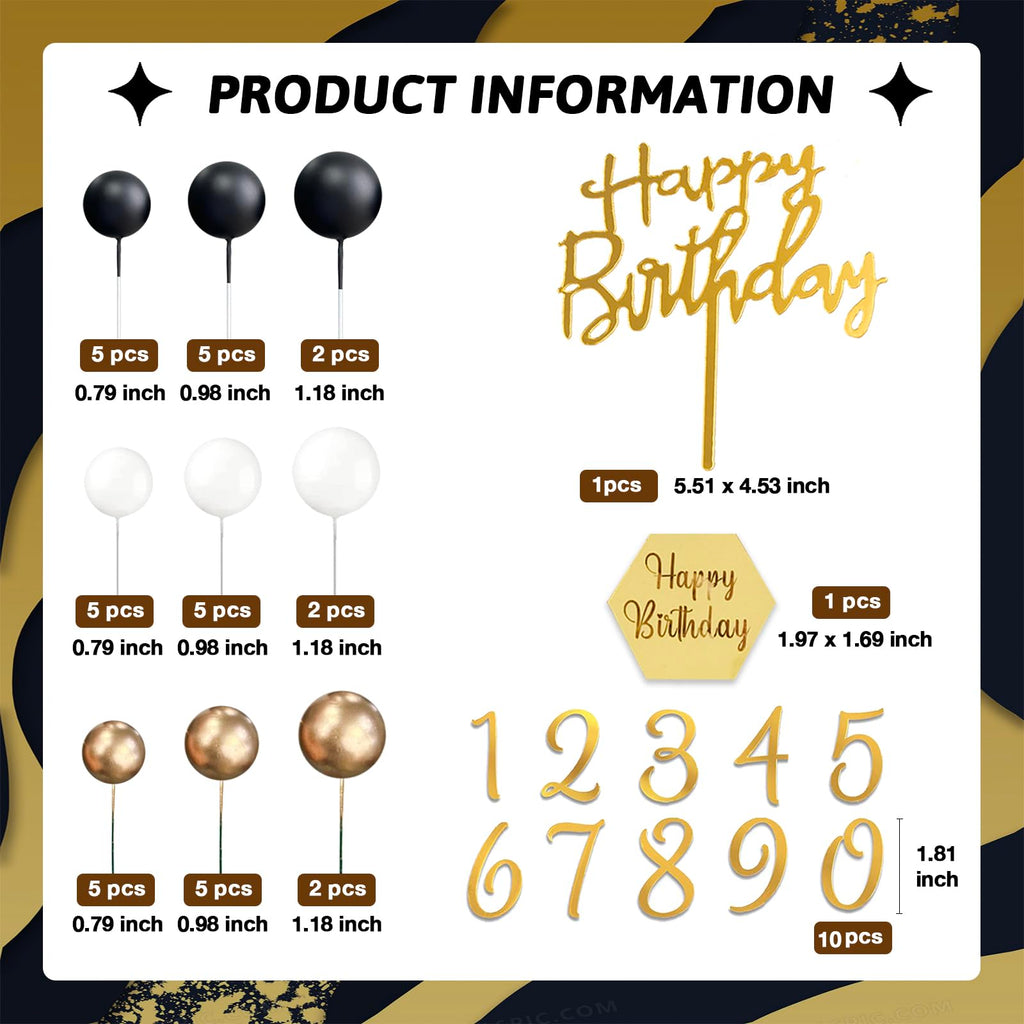 SONICEBUY 48-Piece Ball Cake Toppers Set - Black Gold White Foam Balls with Acrylic Numbers 0-9 and Happy Birthday Insert for Men's Birthday, Wedding, Anniversary
