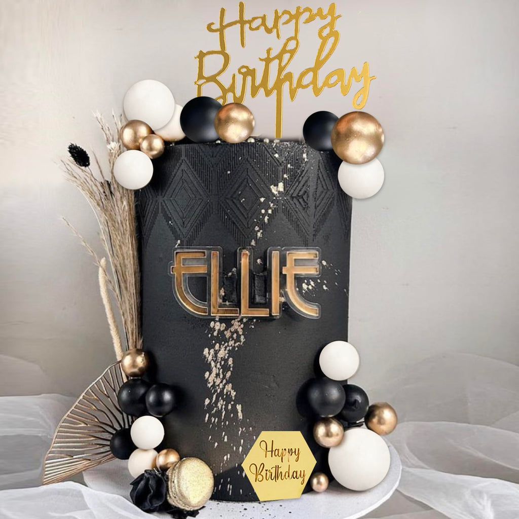 SONICEBUY 48-Piece Ball Cake Toppers Set - Black Gold White Foam Balls with Acrylic Numbers 0-9 and Happy Birthday Insert for Men's Birthday, Wedding, Anniversary
