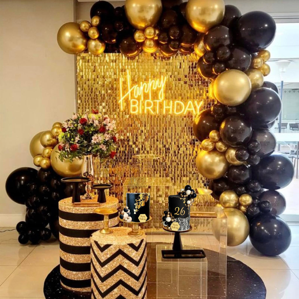 SONICEBUY 48-Piece Ball Cake Toppers Set - Black Gold White Foam Balls with Acrylic Numbers 0-9 and Happy Birthday Insert for Men's Birthday, Wedding, Anniversary