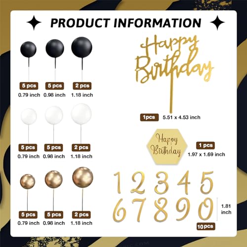 SONICEBUY 48-Piece Ball Cake Toppers Set - Black Gold White Foam Balls with Acrylic Numbers 0-9 and Happy Birthday Insert for Men's Birthday, Wedding, Anniversary