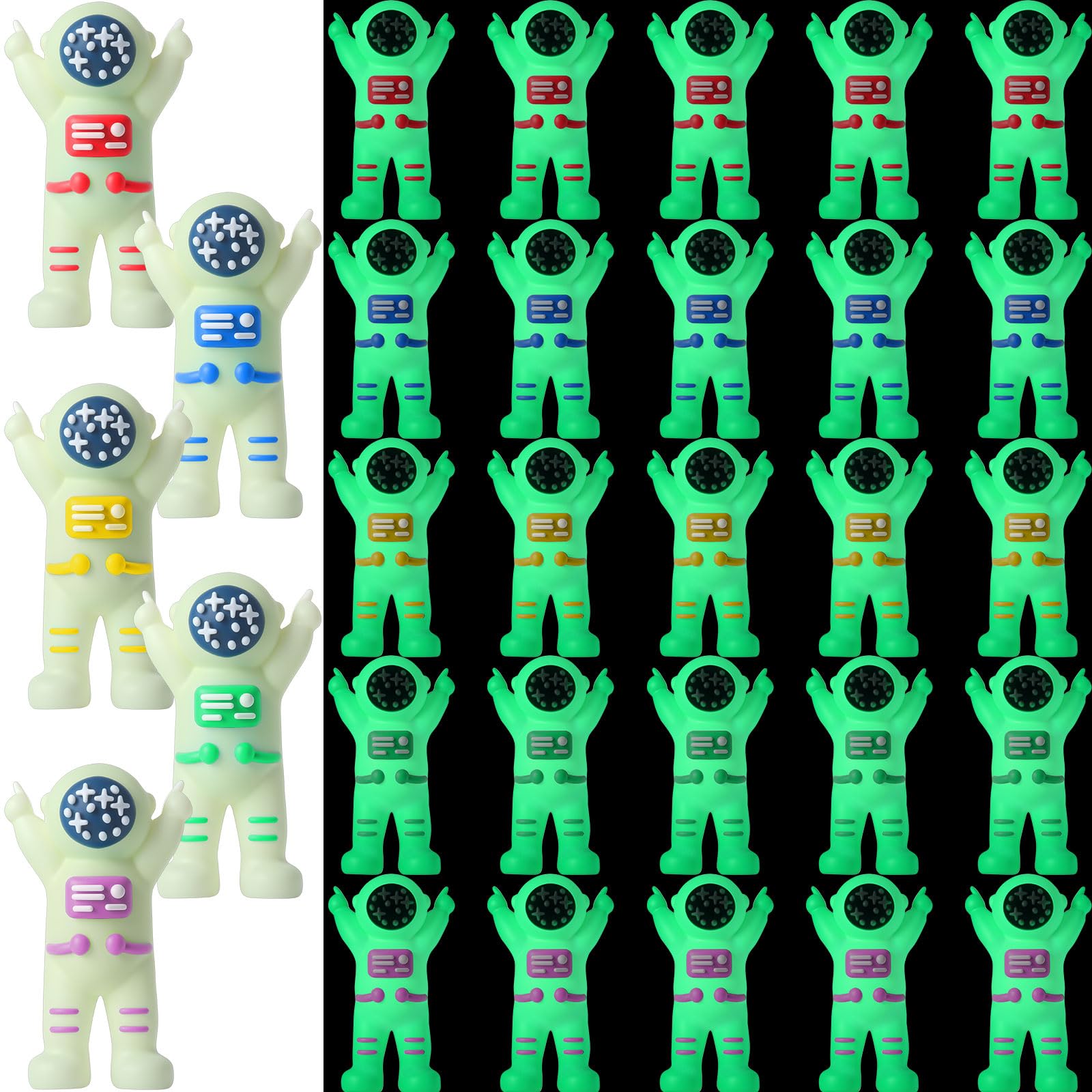 Sonwyoung 25-Pack Mini Glow-in-the-Dark Astronaut Figurines - 5 Colors, Tiny Spaceman Toys for Parties, Prizes, and Easter Egg Stuffers
