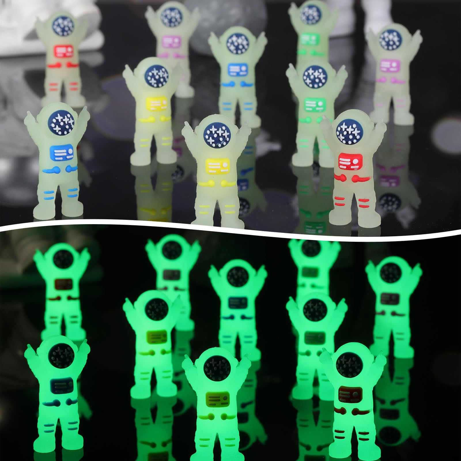 Sonwyoung 25-Pack Mini Glow-in-the-Dark Astronaut Figurines - 5 Colors, Tiny Spaceman Toys for Parties, Prizes, and Easter Egg Stuffers