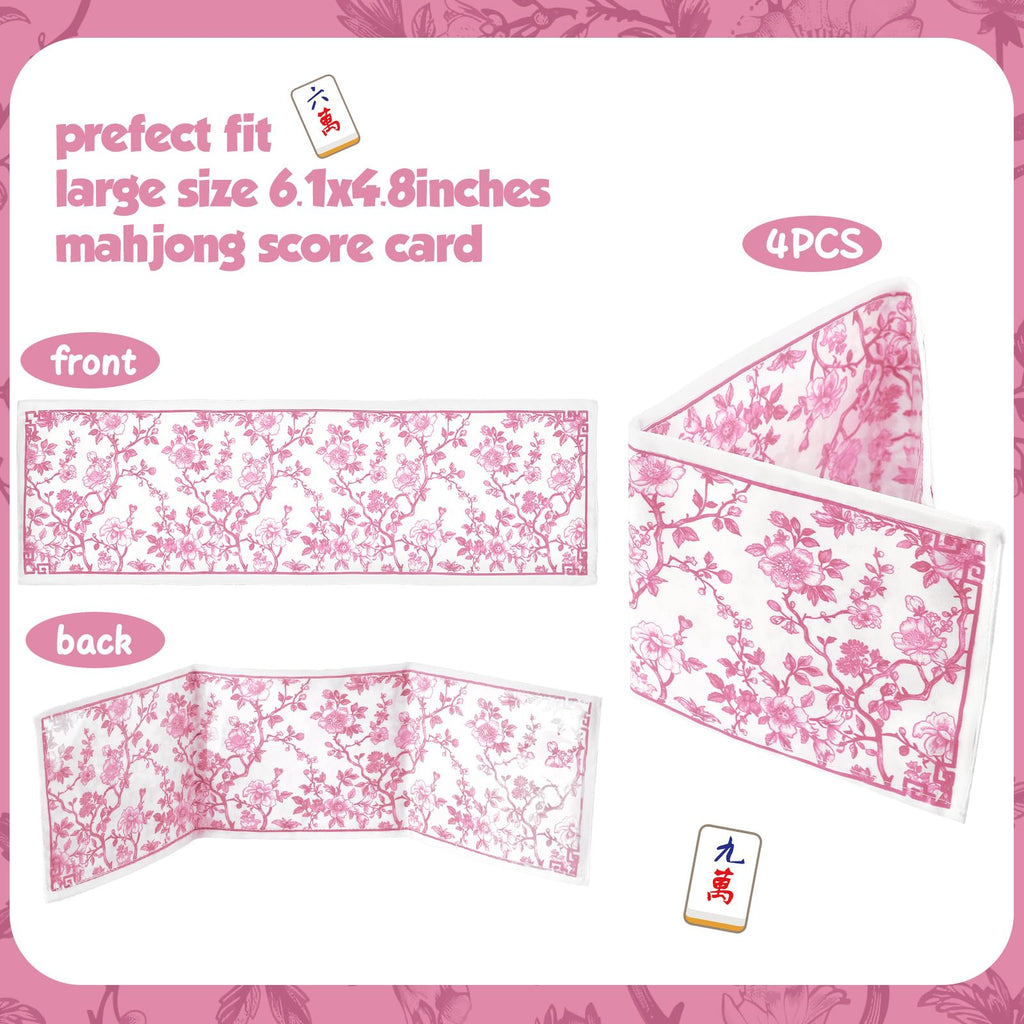 Sonwyoung 4 Pack Chinoiserie Mahjong Card Holders – Pink, Large Size (Fits 6.12x4.75" Cards) – Soft Fabric Scorecard Protector Set