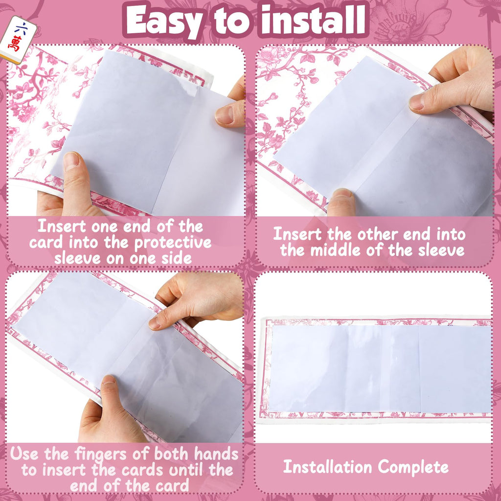 Sonwyoung 4 Pack Chinoiserie Mahjong Card Holders – Pink, Large Size (Fits 6.12x4.75" Cards) – Soft Fabric Scorecard Protector Set