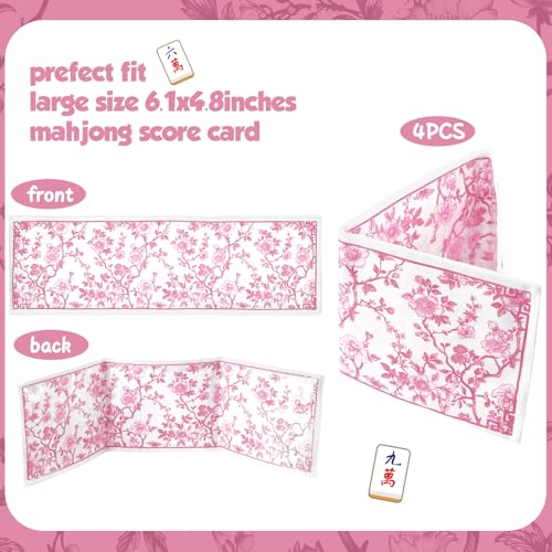 Sonwyoung 4 Pack Chinoiserie Mahjong Card Holders – Pink, Large Size (Fits 6.12x4.75" Cards) – Soft Fabric Scorecard Protector Set