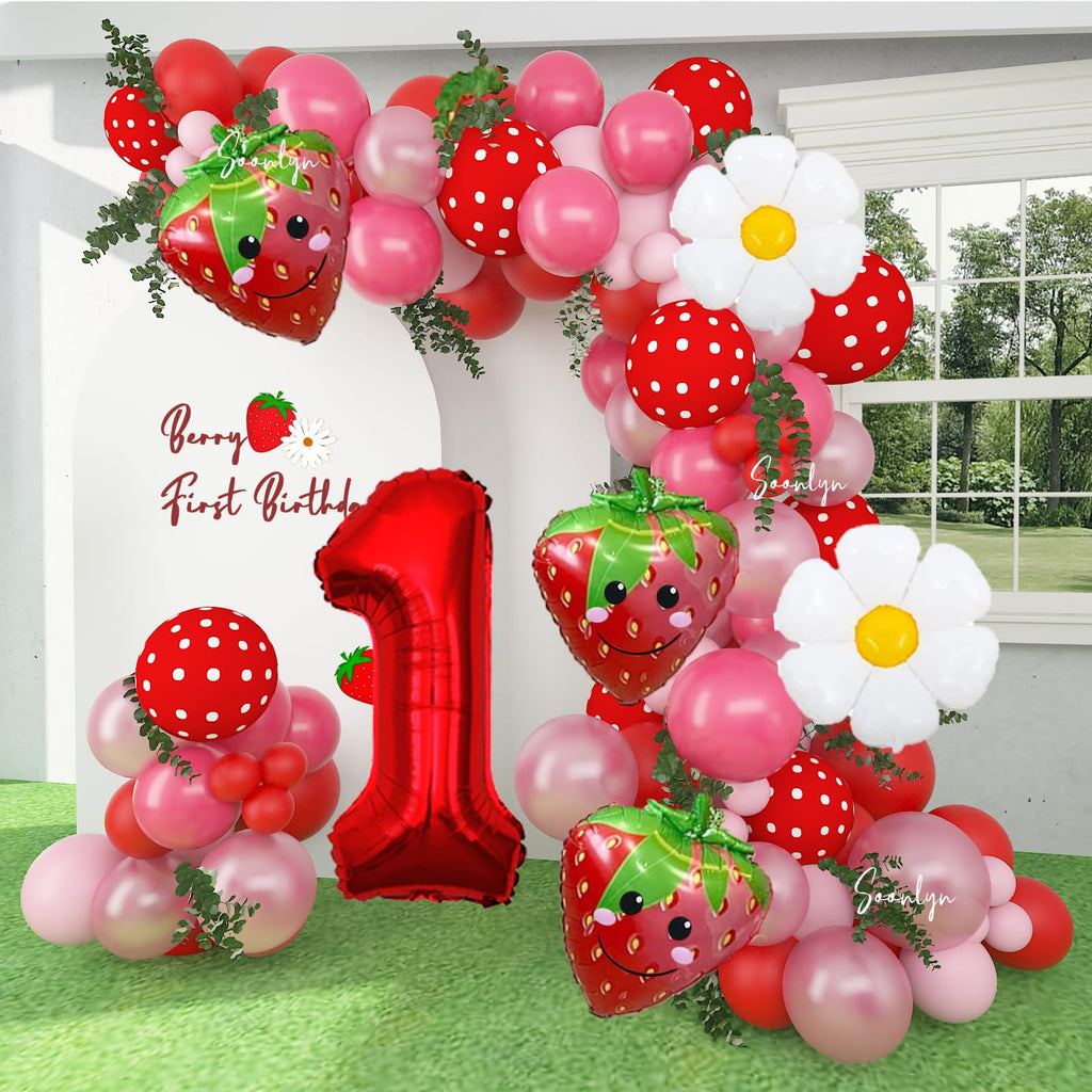 Soonlyn 127-Piece Strawberry Balloon Arch Kit for First Birthday Decorations – 12ft Garland with Foil Balloons