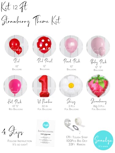 Soonlyn 127-Piece Strawberry Balloon Arch Kit for First Birthday Decorations – 12ft Garland with Foil Balloons