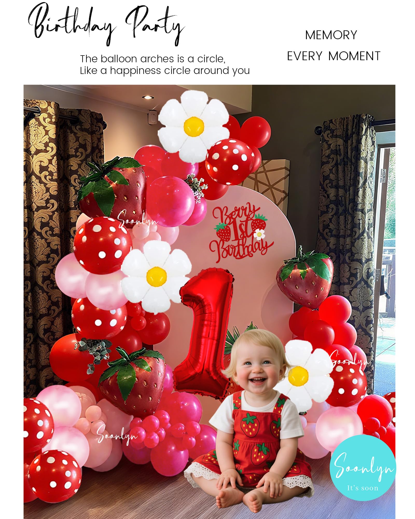 Soonlyn 127-Piece Strawberry Balloon Arch Kit for First Birthday Decorations – 12ft Garland with Foil Balloons