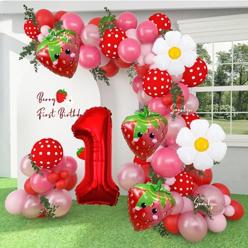 Soonlyn 127-Piece Strawberry Balloon Arch Kit for First Birthday Decorations – 12ft Garland with Foil Balloons