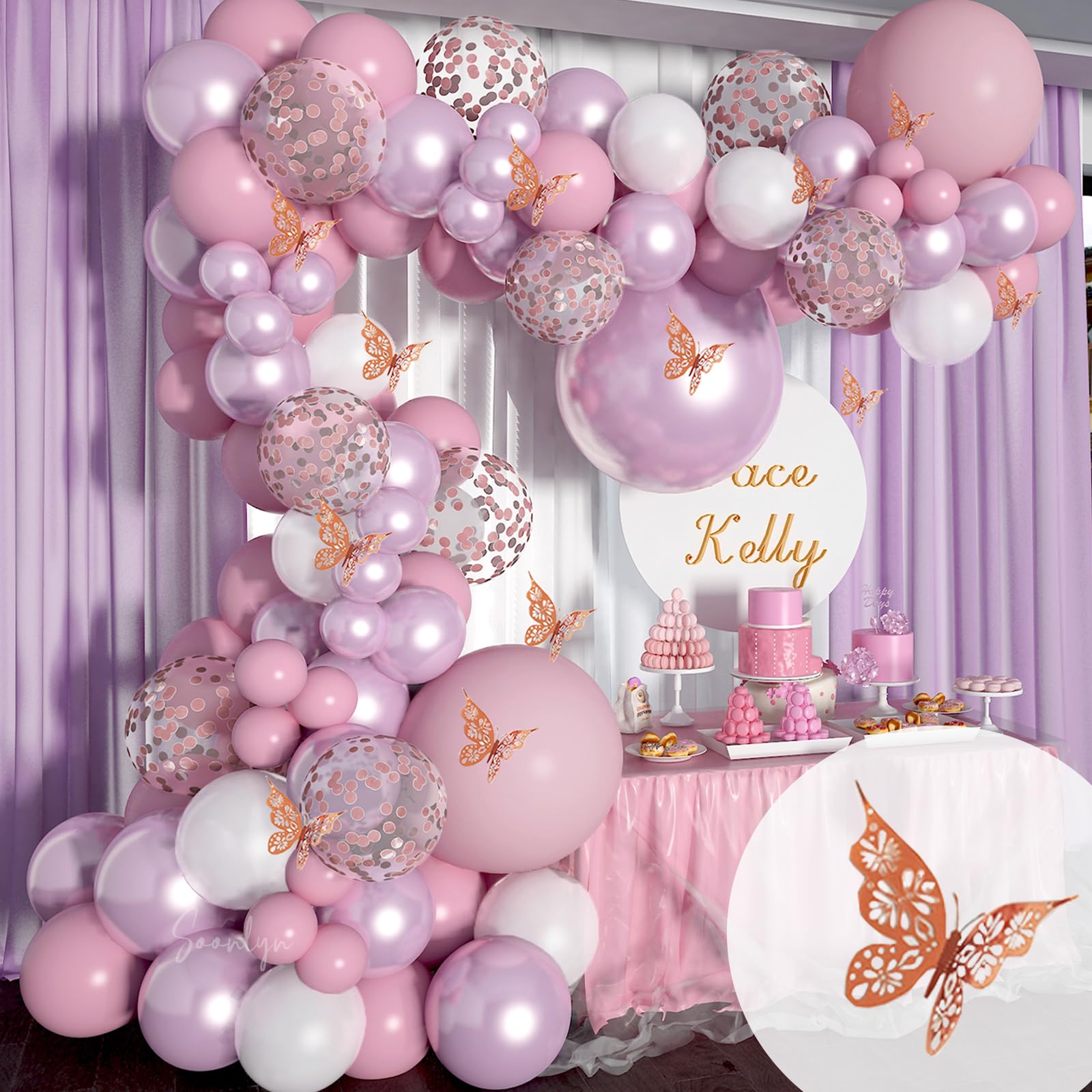 Soonlyn 13ft Butterfly Balloon Arch Kit - Pink Lilac Purple Rose Gold Confetti Balloons for Baby Shower Birthday