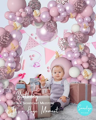 Soonlyn 13ft Butterfly Balloon Arch Kit - Pink Lilac Purple Rose Gold Confetti Balloons for Baby Shower Birthday